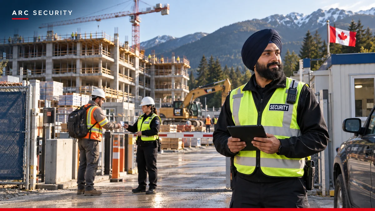 Security guards checking worker access at the entrance to a Canadian construction site.