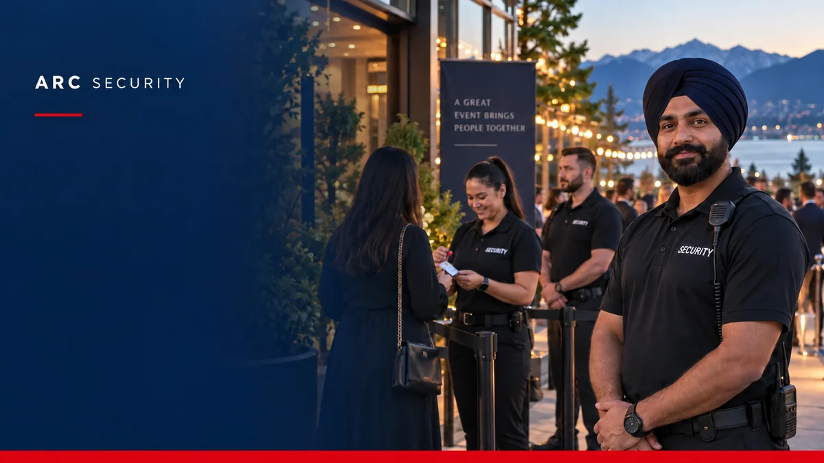 ARC Security banner illustrating event security staff checking guest passes at a Canadian venue.