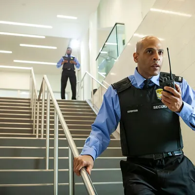 Professional security supervisor communicating with a radio